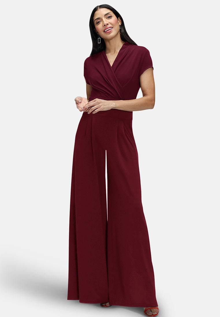 V Neck Wide Leg Jumpsuit with Cap Sleeves