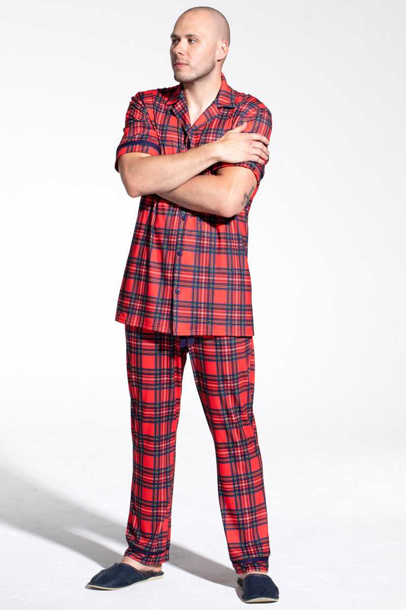 Red Tartan Jersey Mens Pyjama Set
