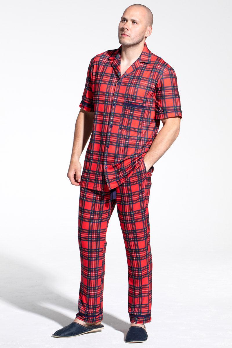 Red Tartan Jersey Mens Pyjama Set