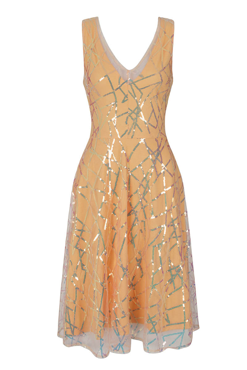 V Neck Embroidered Fit n Flare Dress