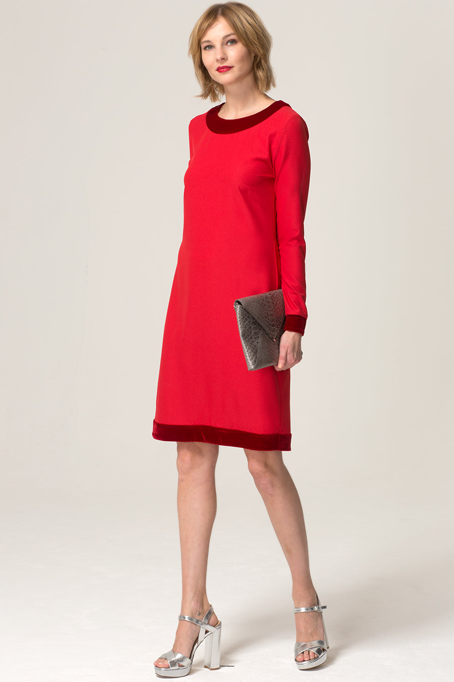 Velvet Detail Long Sleeved Swing Dress