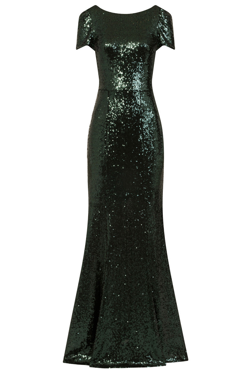 The cowl neck maxi sequin dress with fishtail skirt