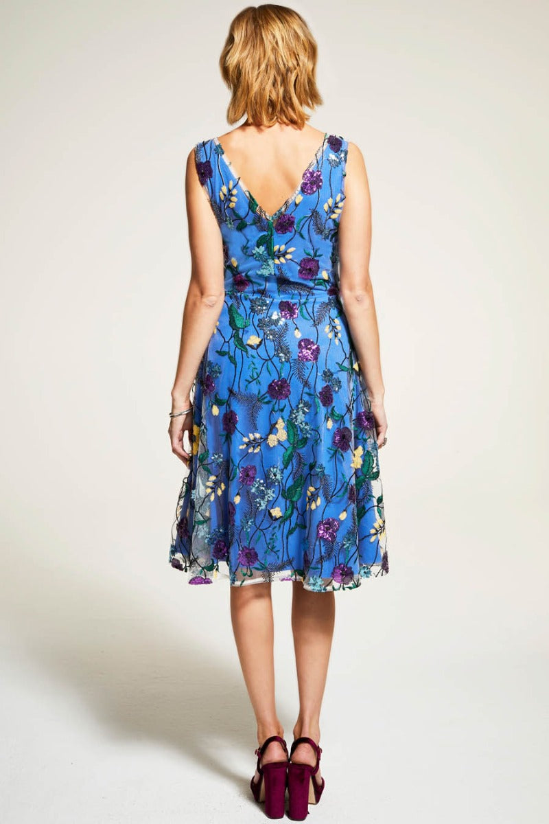 Embroidered V Neck Fit n Flare Dress