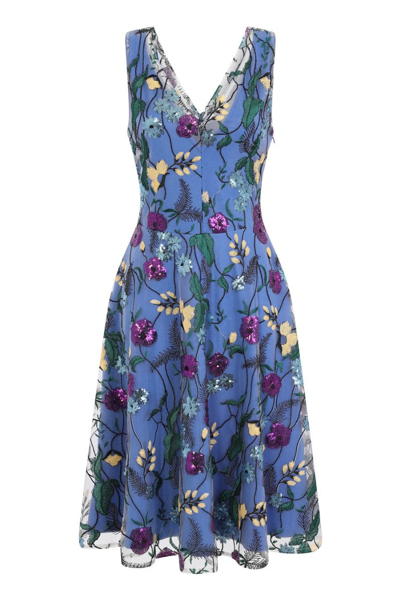 Embroidered V Neck Fit n Flare Dress