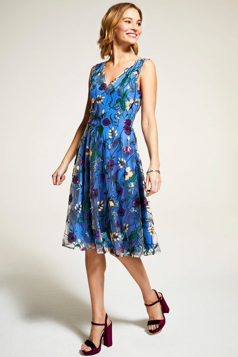 Embroidered V Neck Fit n Flare Dress