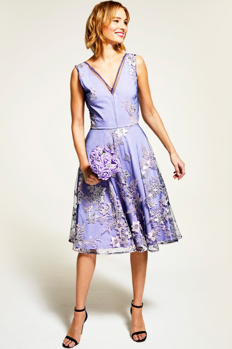 Embroidered V Neck Fit n Flare Dress