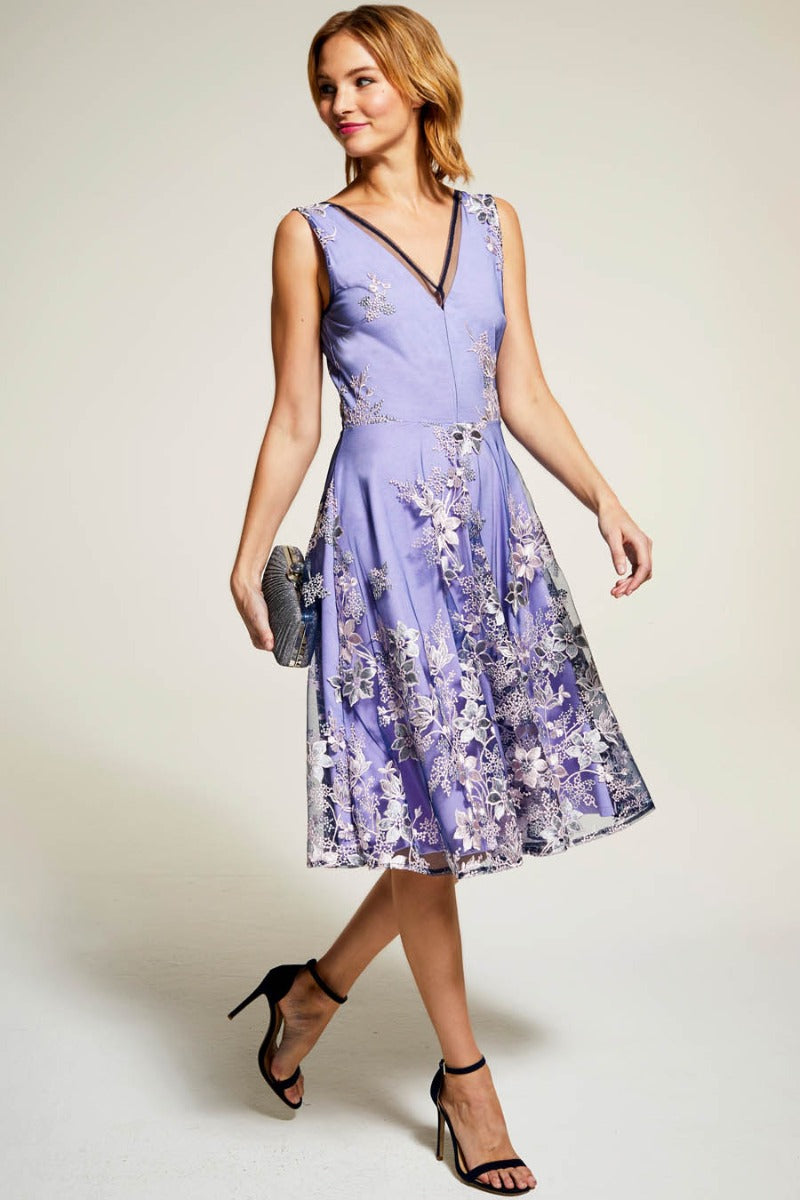 Embroidered V Neck Fit n Flare Dress