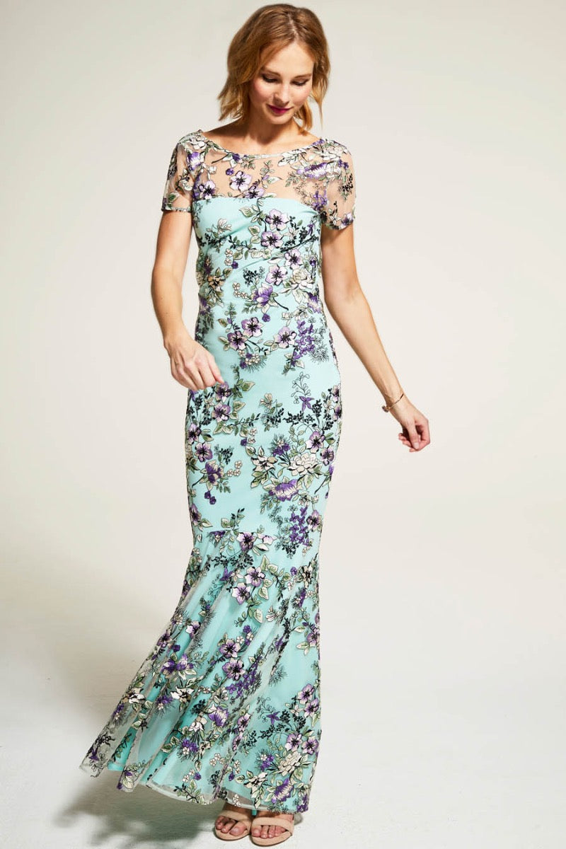 Embroidered Cowl Back Maxi Dress