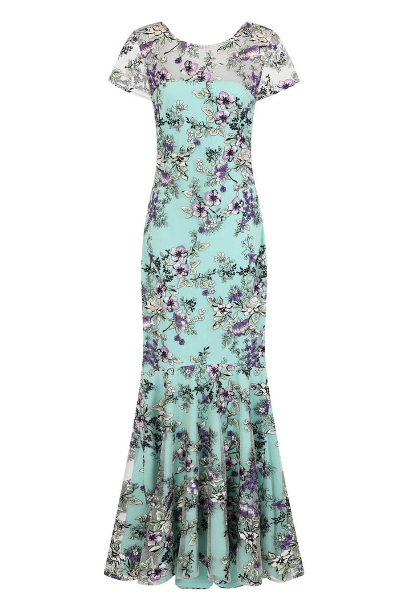 Embroidered Cowl Back Maxi Dress