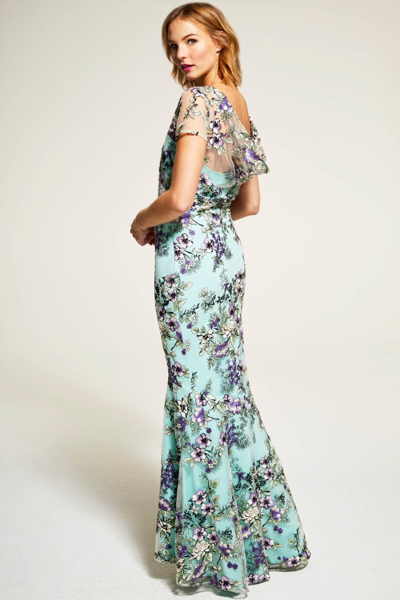 Embroidered Cowl Back Maxi Dress