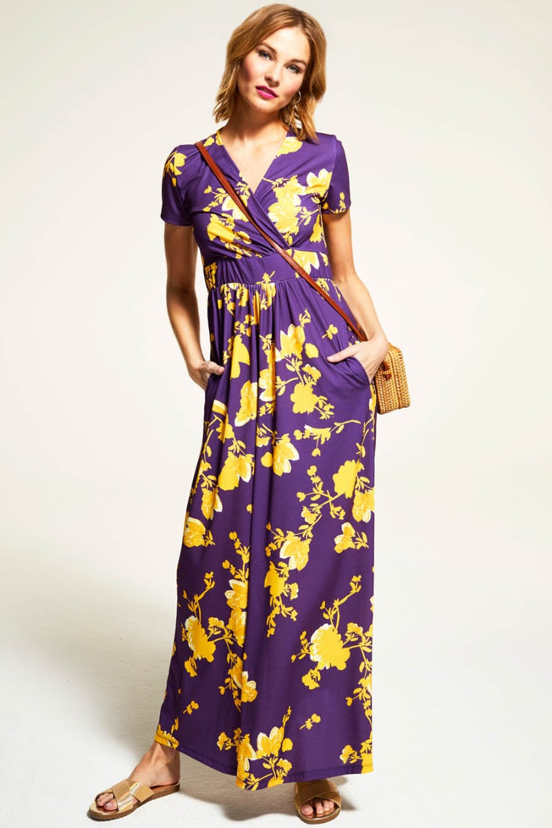 Floral Short Sleeved Empire Line Maxi Dress