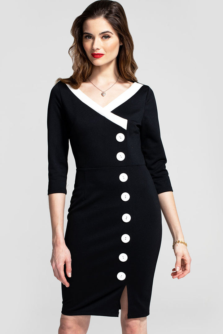 50s Silky Trimmed Button Wiggle Dress