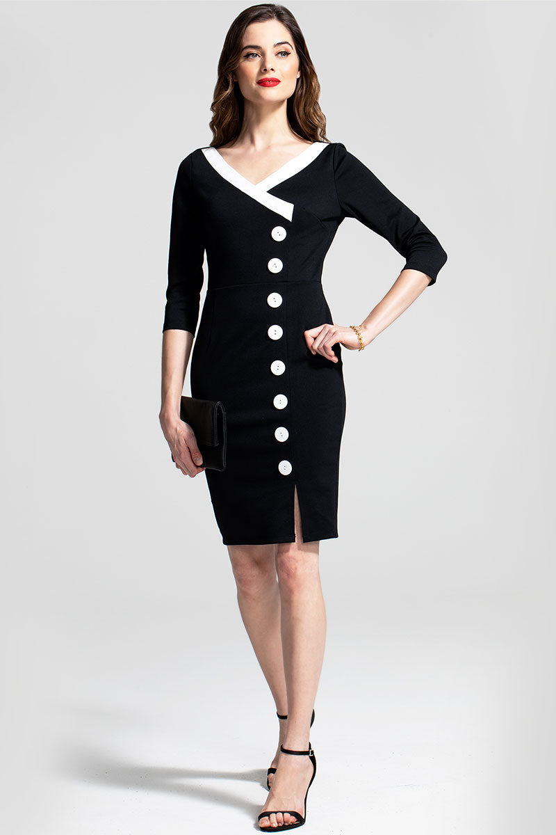 50s Silky Trimmed Button Wiggle Dress