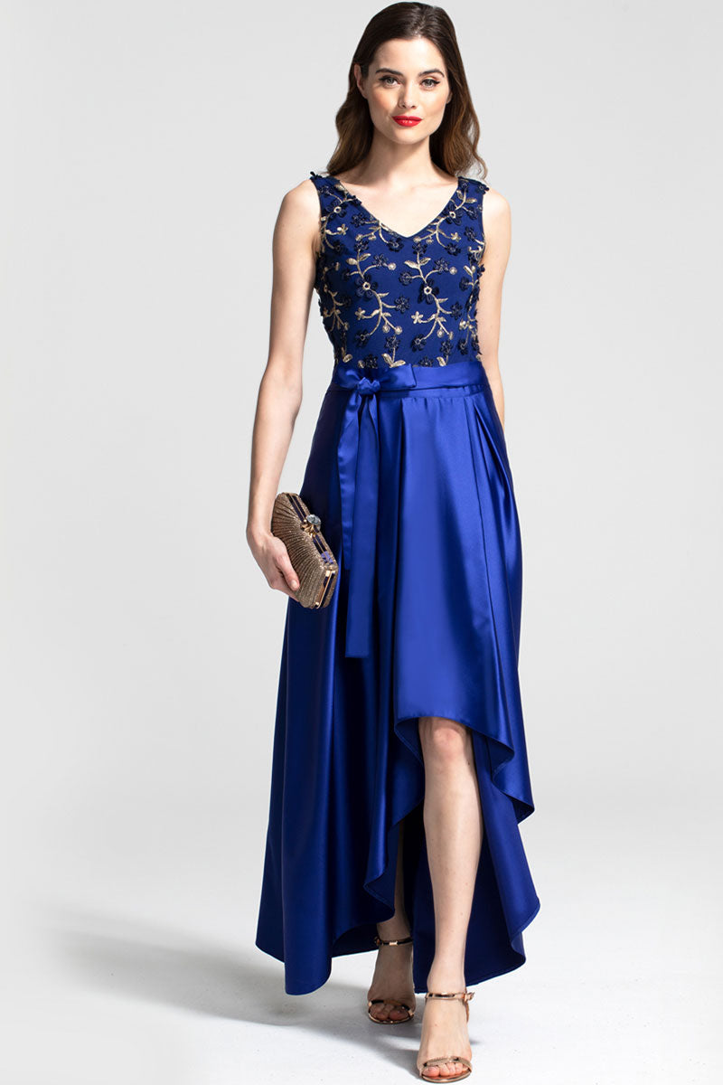 V Neck Maxi Dress with Silky High Low Skirt