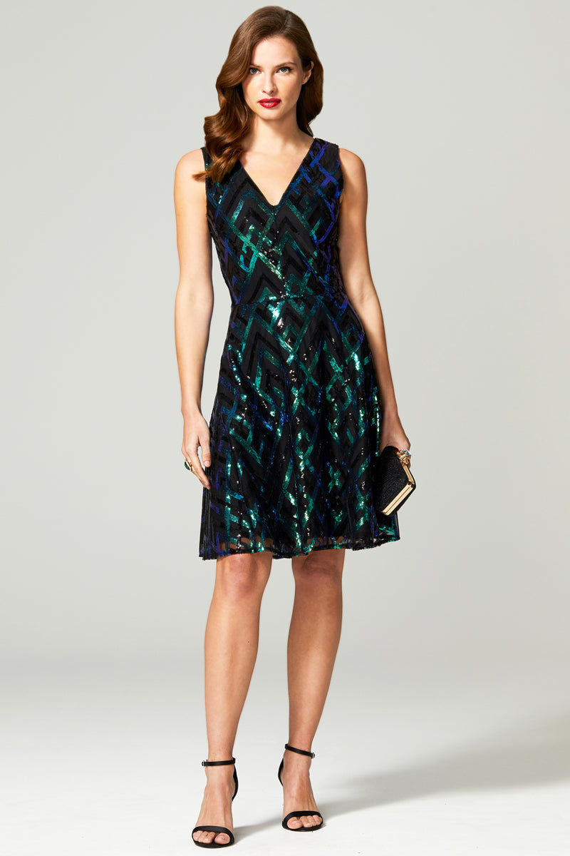 Sequin V Neck Fit and Flare Dress