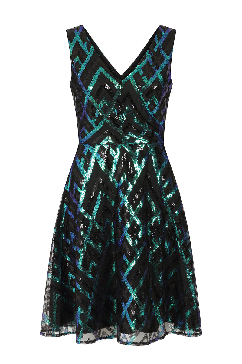 Sequin V Neck Fit and Flare Dress