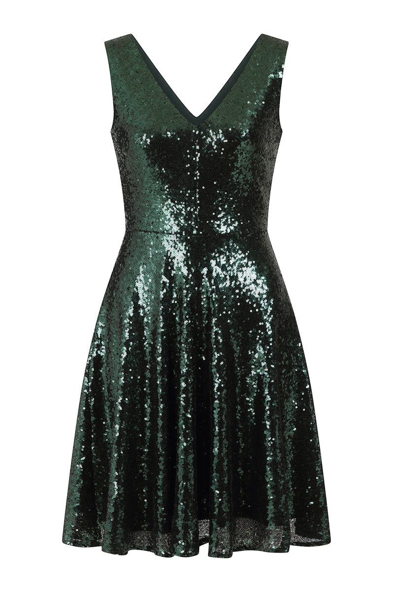 Sequin V Neck Fit and Flare Dress