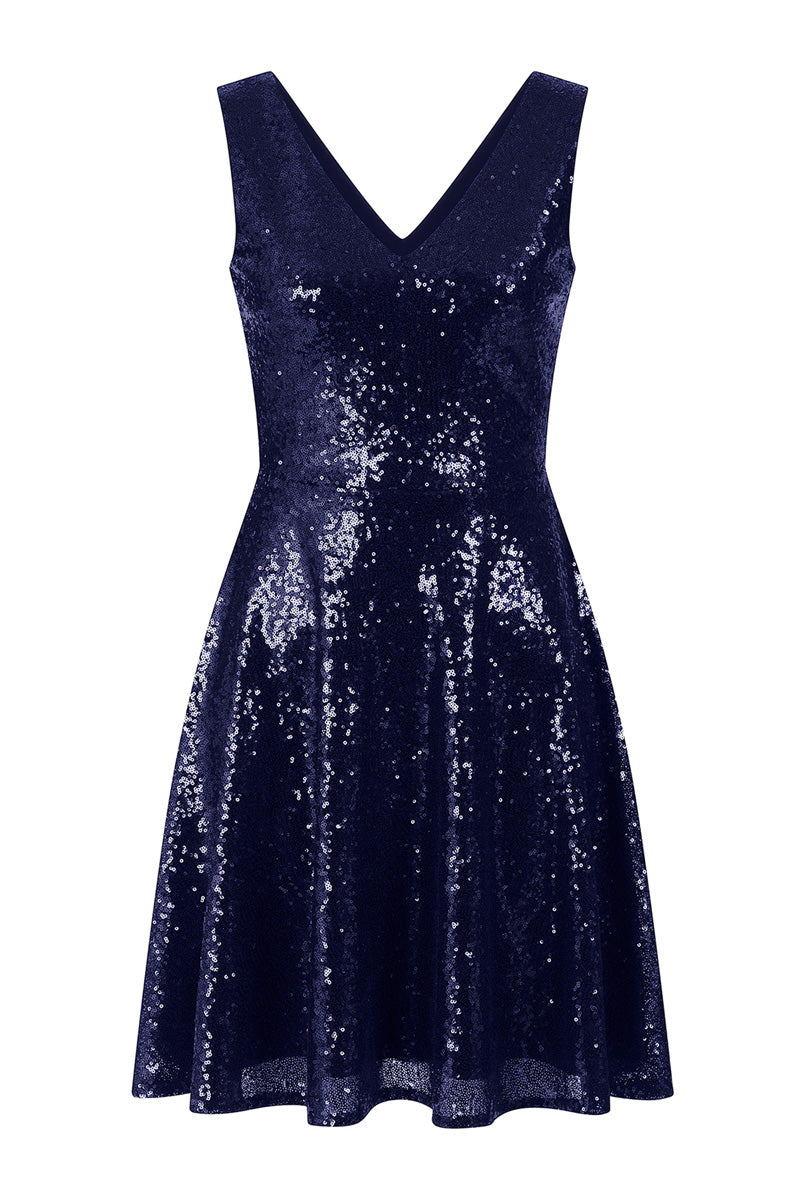 Sequin V Neck Fit and Flare Dress