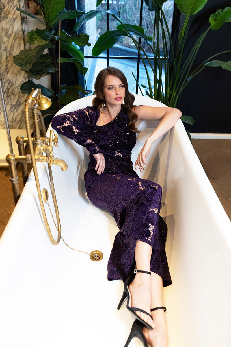 One-Sleeve Velvet Sequin Gown