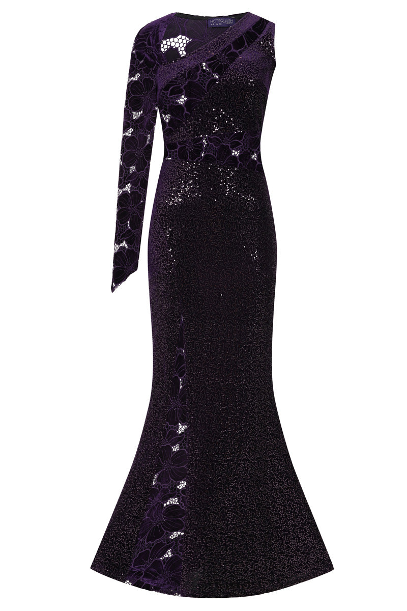 One-Sleeve Velvet Sequin Gown