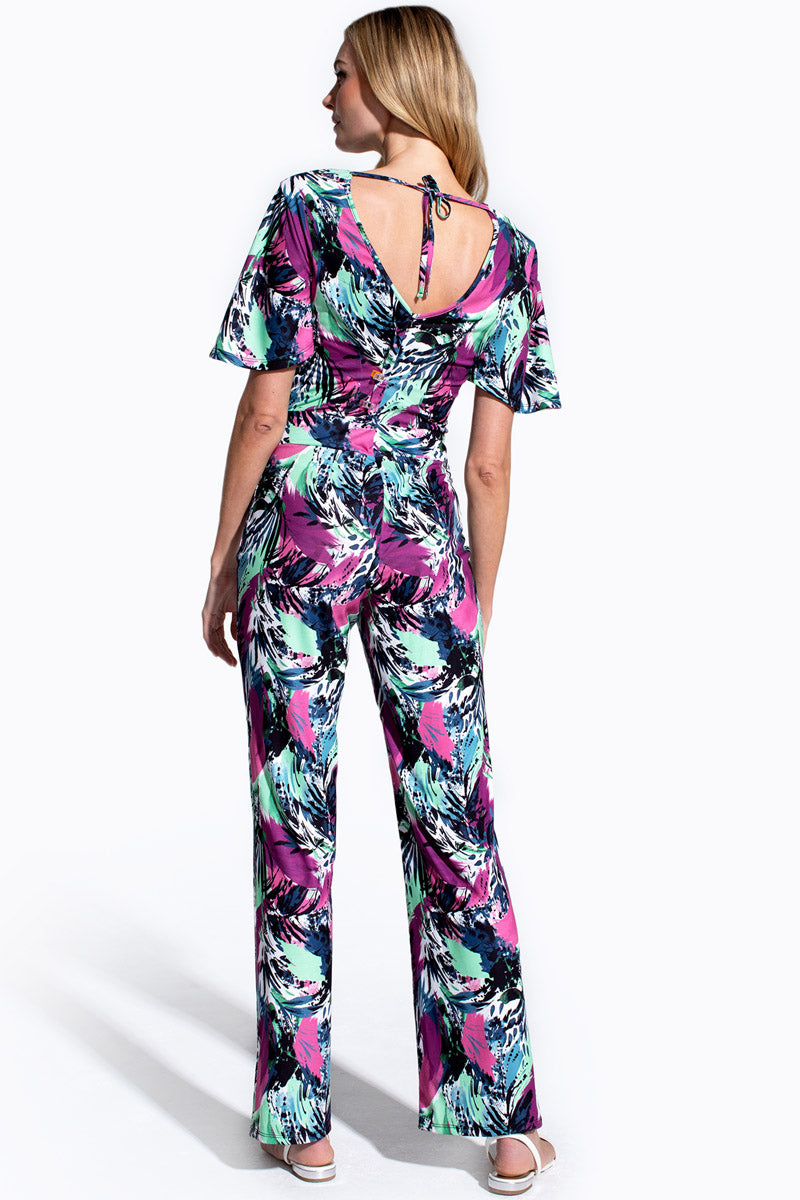Straight Leg Jumpsuit with V-neck and Flare Sleeves