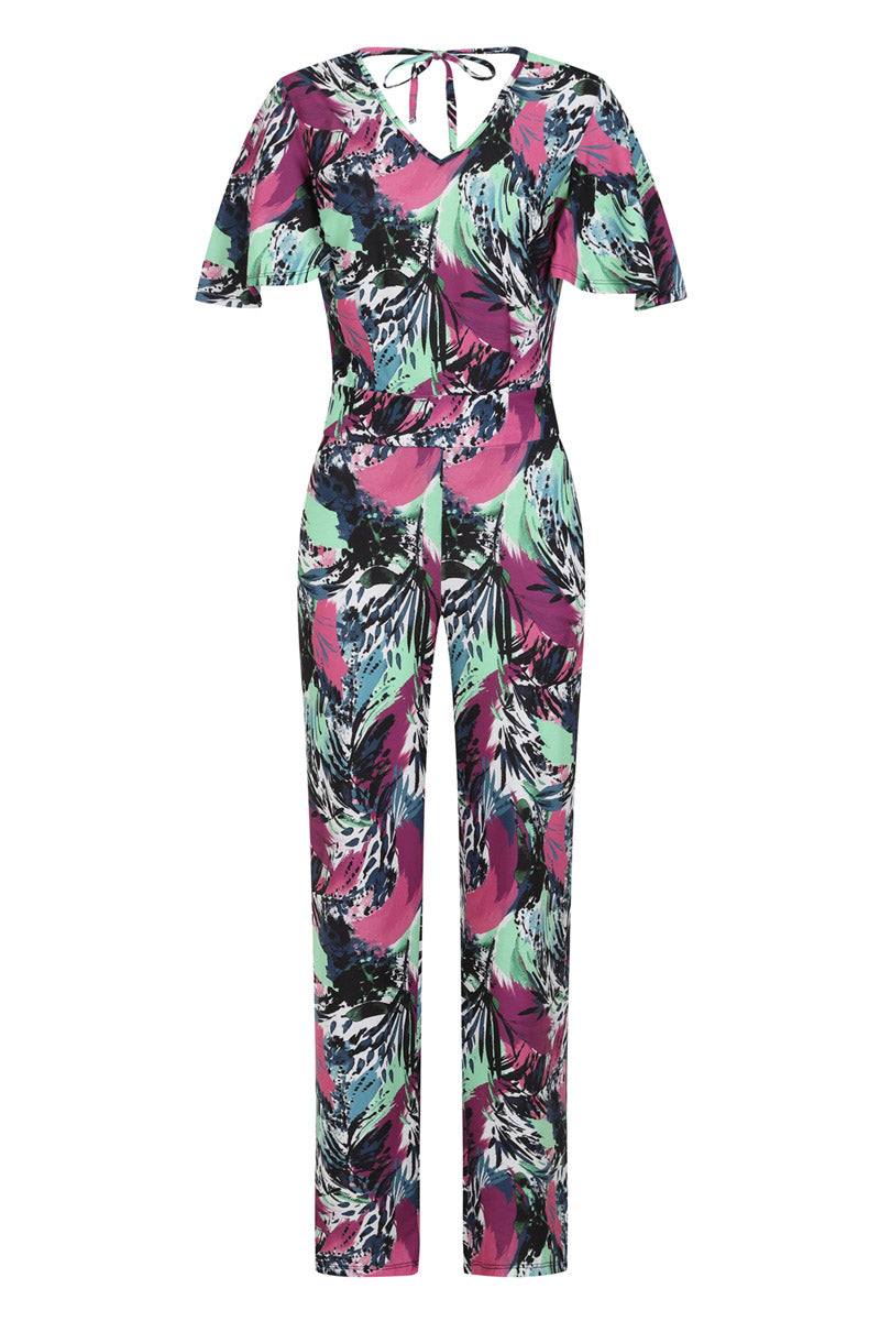 Straight Leg Jumpsuit with V-neck and Flare Sleeves