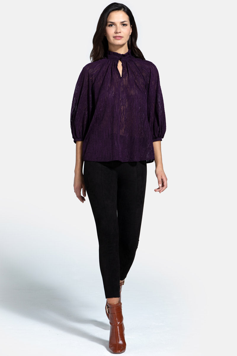 Balloon-Sleeved Top with High Collar