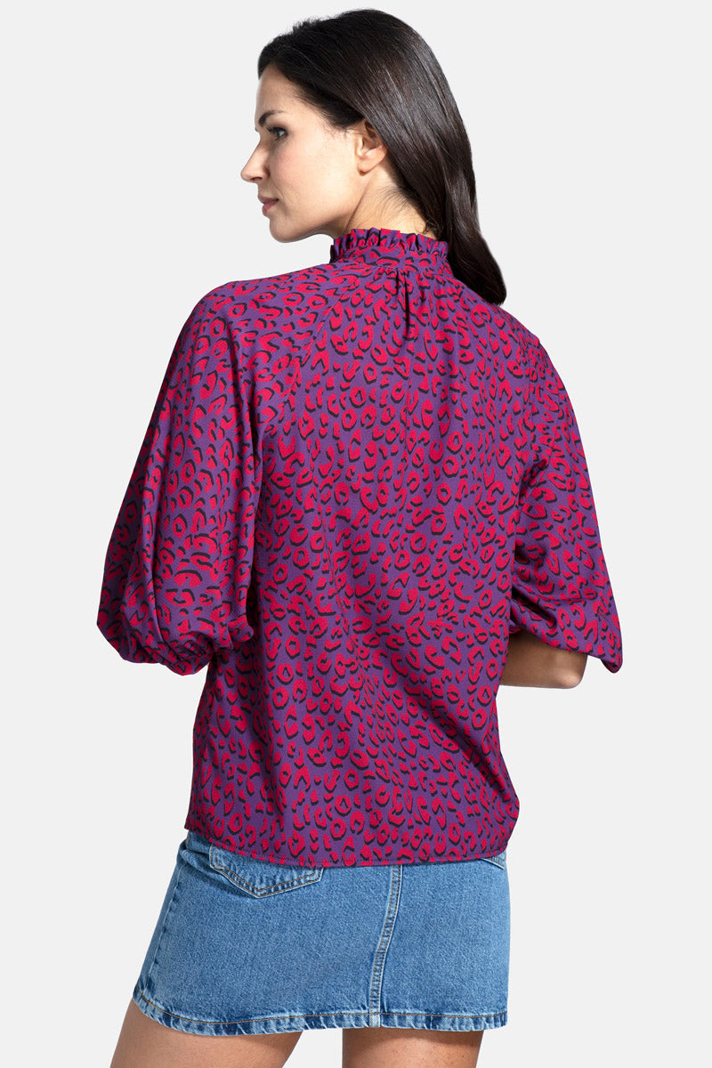Balloon-Sleeved Top with High Collar