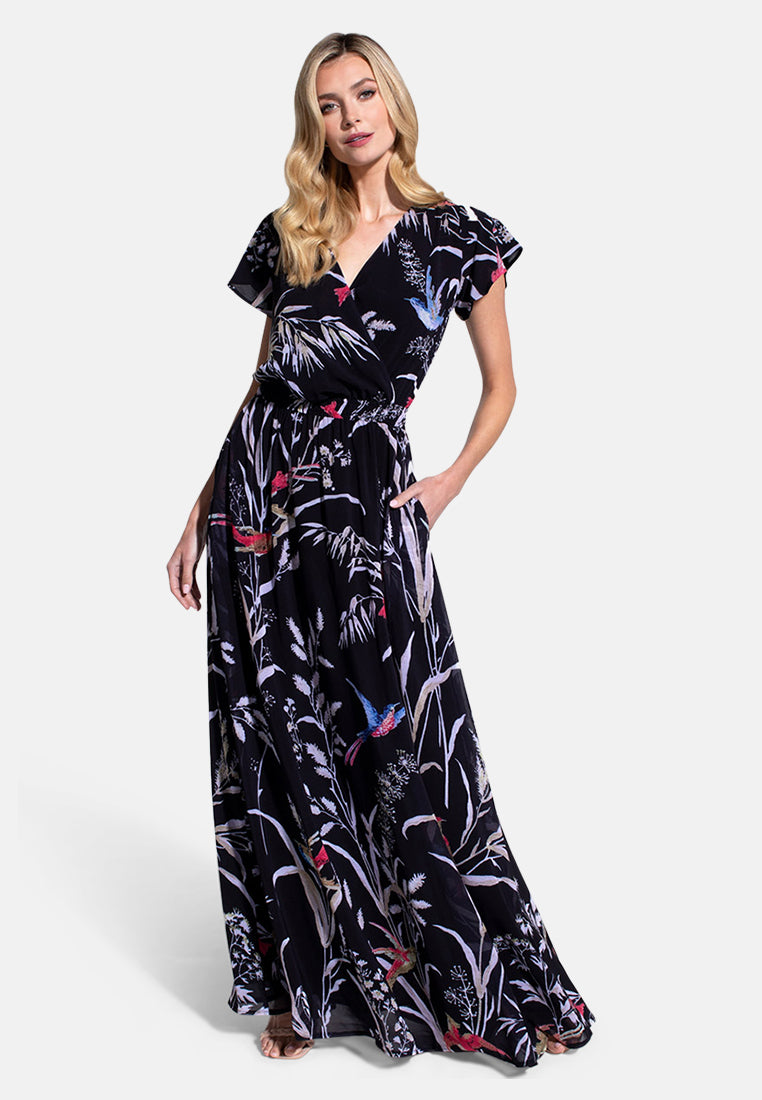 Elegant Mock-Wrap Chiffon Maxi Dress