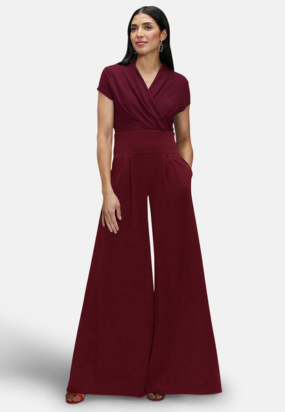 V Neck Wide Leg Jumpsuit with Cap Sleeves