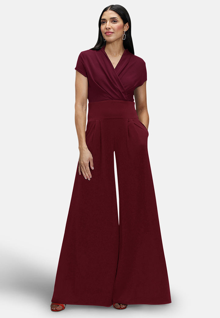 V Neck Wide Leg Jumpsuit with Cap Sleeves