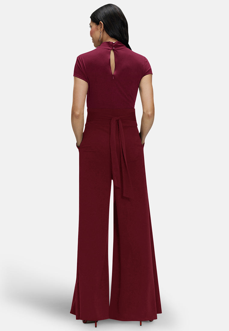 V Neck Wide Leg Jumpsuit with Cap Sleeves