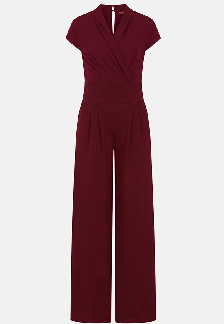 V Neck Wide Leg Jumpsuit with Cap Sleeves