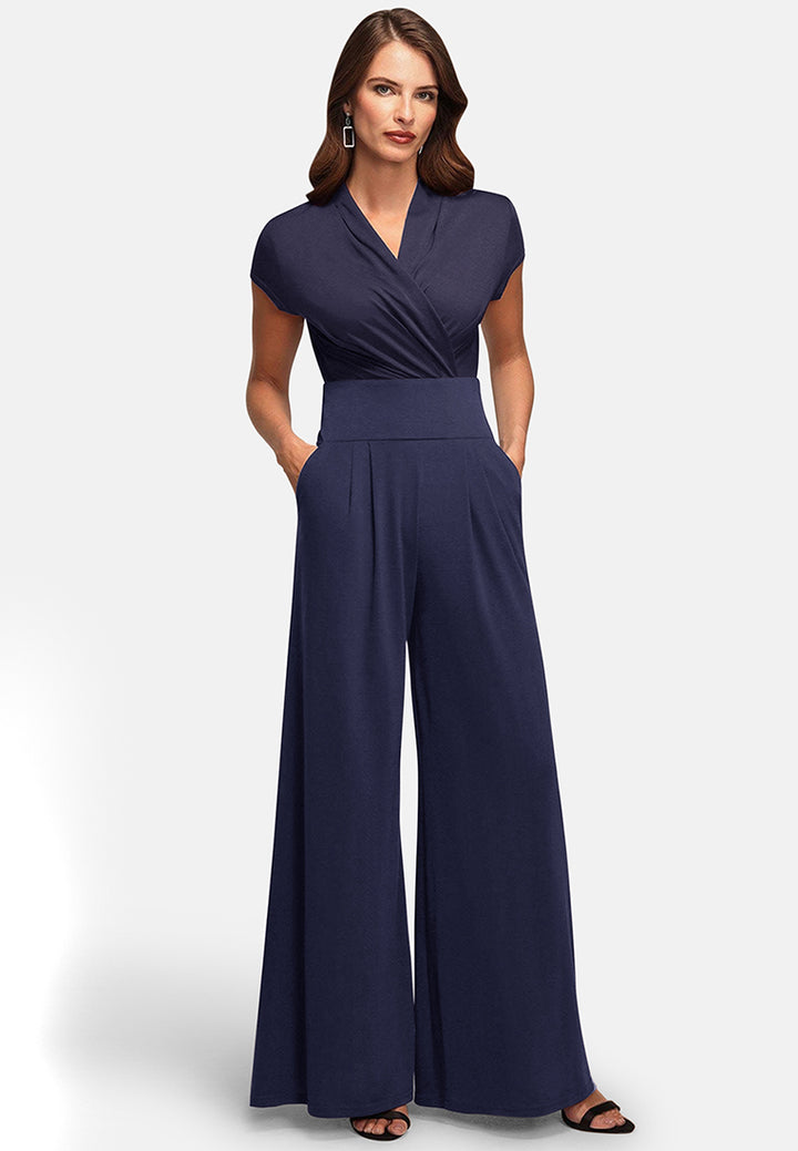 V Neck Wide Leg Jumpsuit with Cap Sleeves