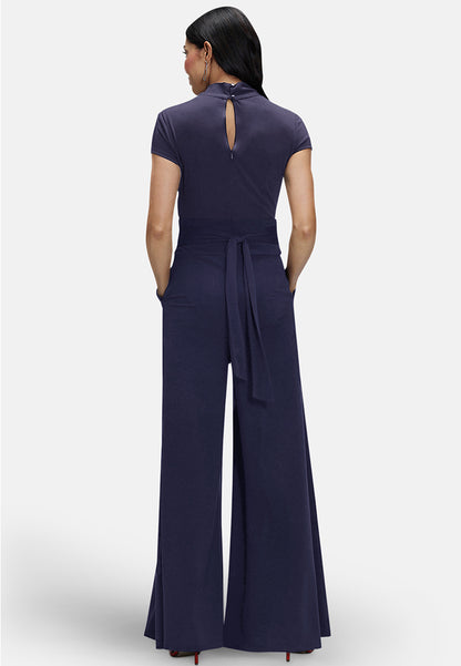 V Neck Wide Leg Jumpsuit with Cap Sleeves