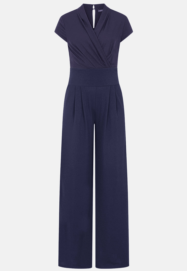 V Neck Wide Leg Jumpsuit with Cap Sleeves
