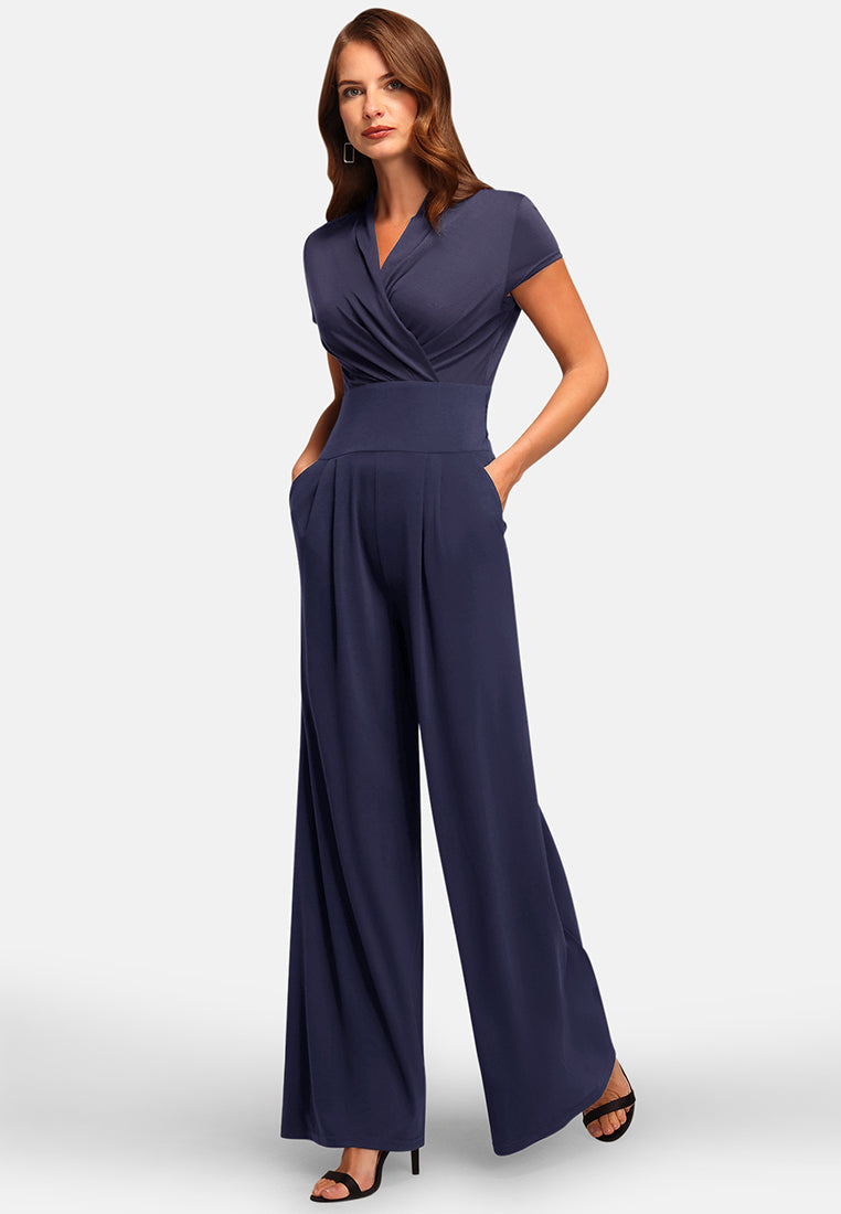 V Neck Wide Leg Jumpsuit with Cap Sleeves
