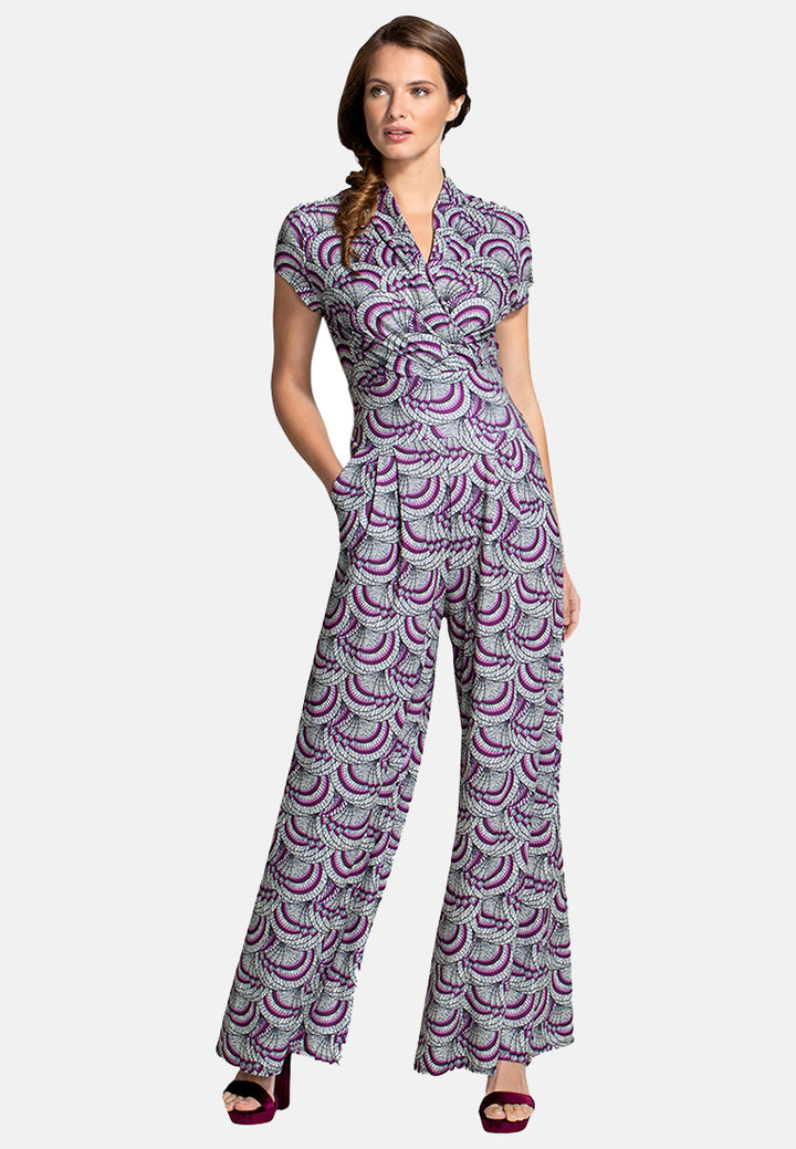 V Neck Wide Leg Jumpsuit with Cap Sleeves