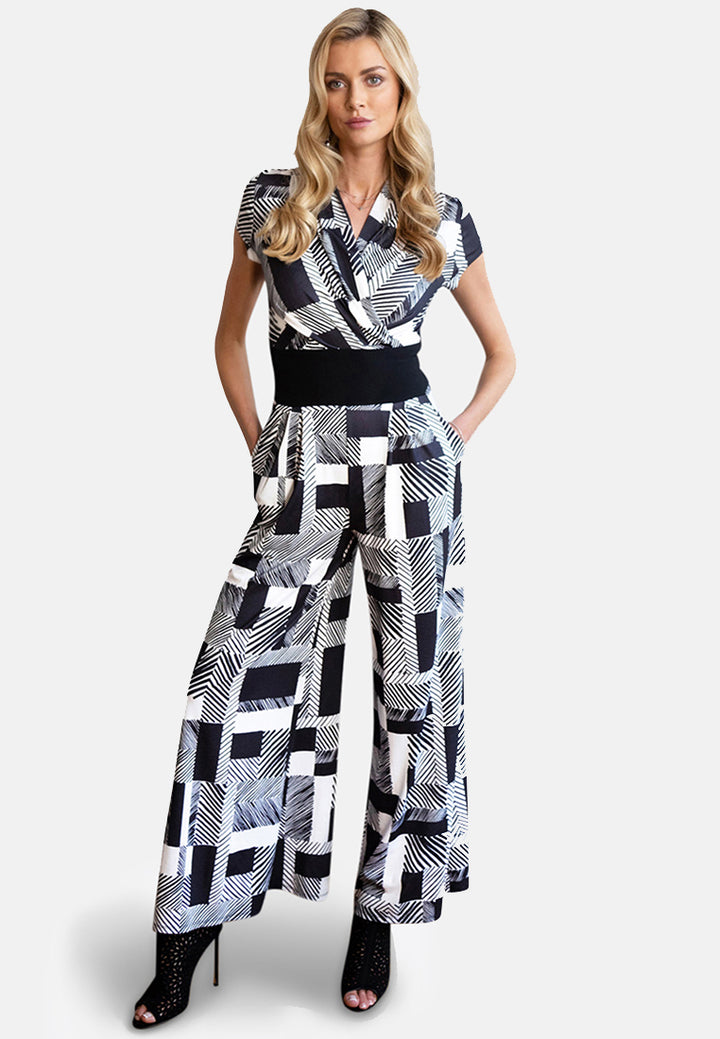 V Neck Wide Leg Jumpsuit with Cap Sleeves