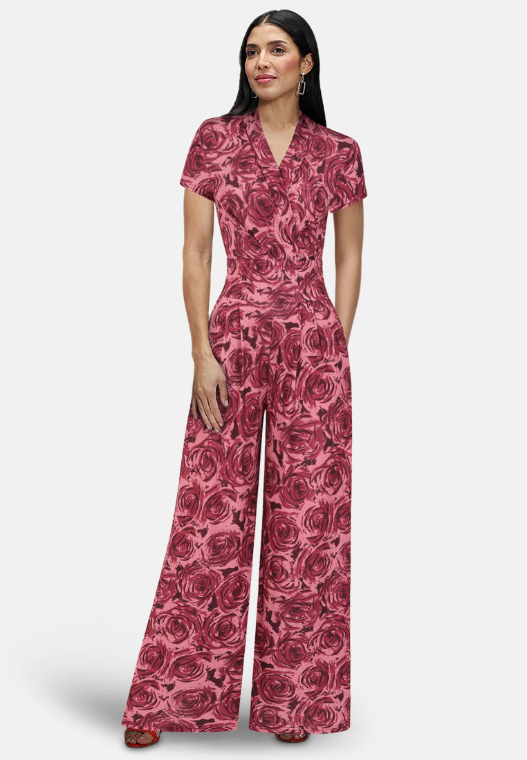 V Neck Wide Leg Jumpsuit with Cap Sleeves