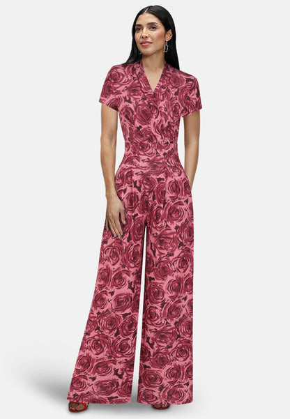 V Neck Wide Leg Jumpsuit with Cap Sleeves