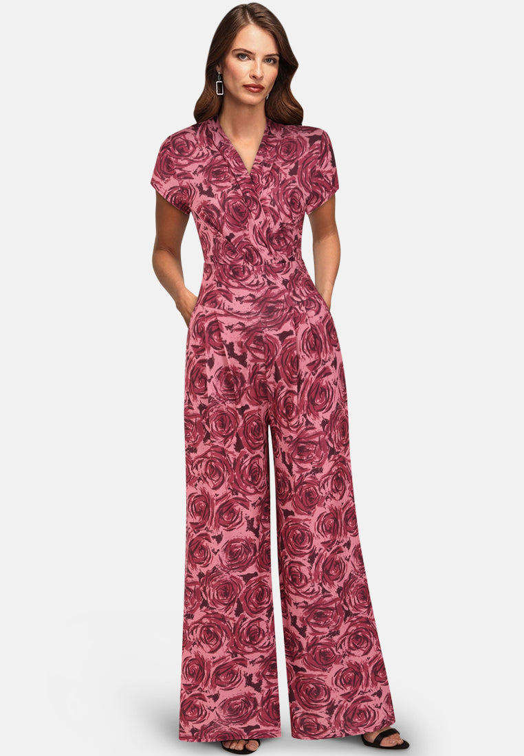 V Neck Wide Leg Jumpsuit with Cap Sleeves