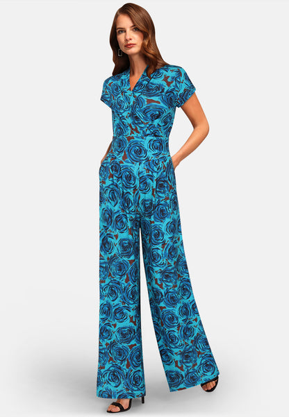 V Neck Wide Leg Jumpsuit with Cap Sleeves