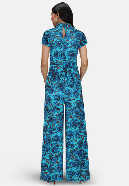 V Neck Wide Leg Jumpsuit with Cap Sleeves