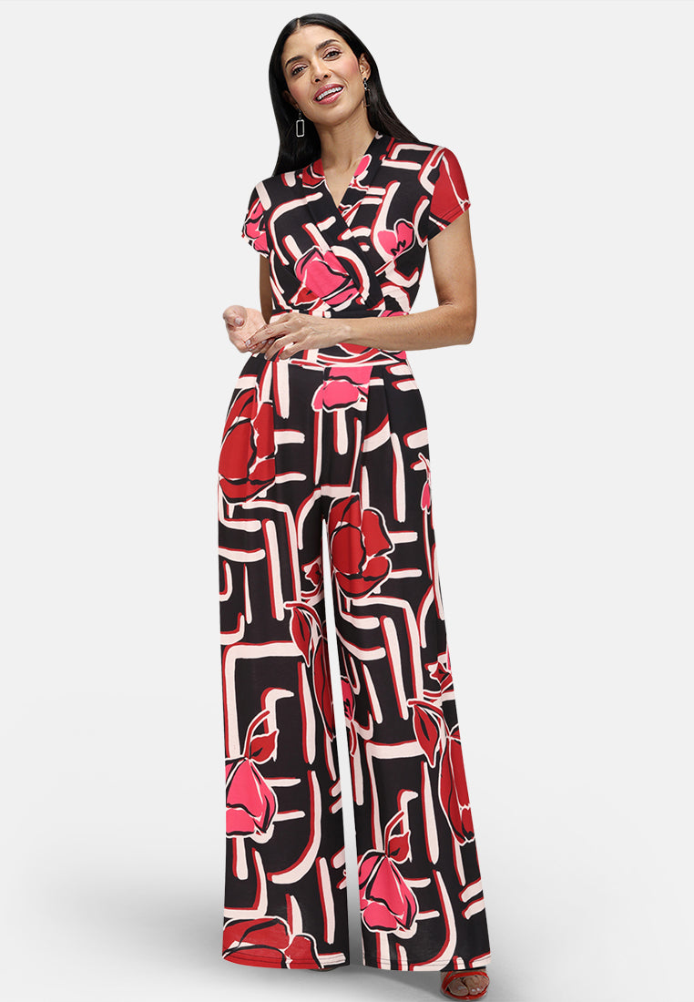 V Neck Wide Leg Jumpsuit with Cap Sleeves