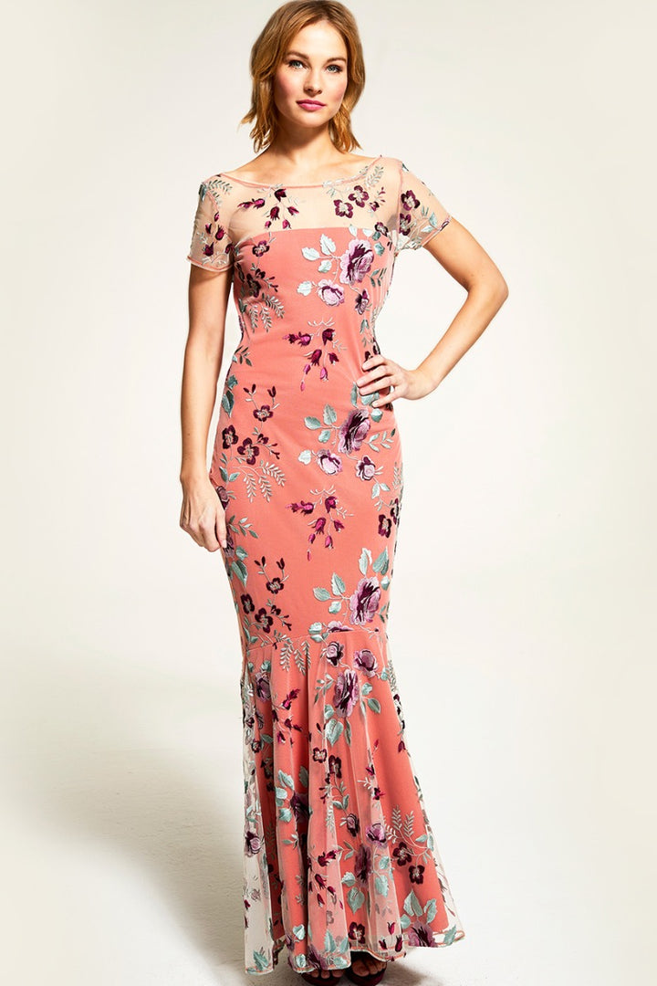 Embroidered Cowl Back Maxi Dress