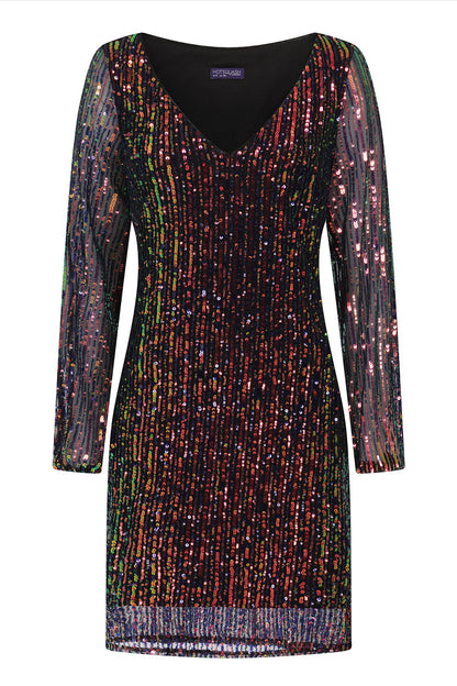 Blouson Sleeved V Neck Sequin Dress