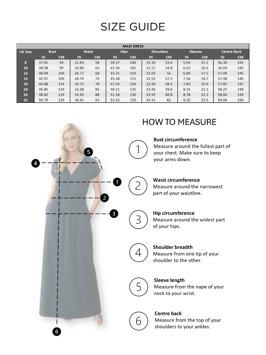 maxi dress measurements Long Sleeve Maxi Dress UPF50+ Size Guide Solbari