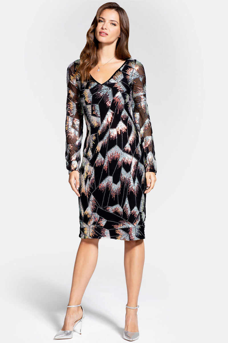 Blouson Sleeve V Neck Sequin Dress