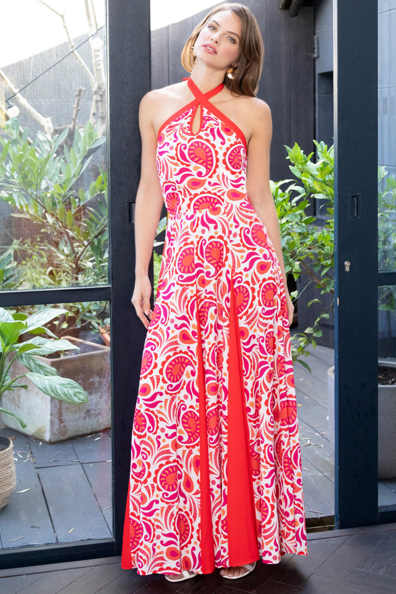 Halter Neck Maxi Dress with Contrast Panels